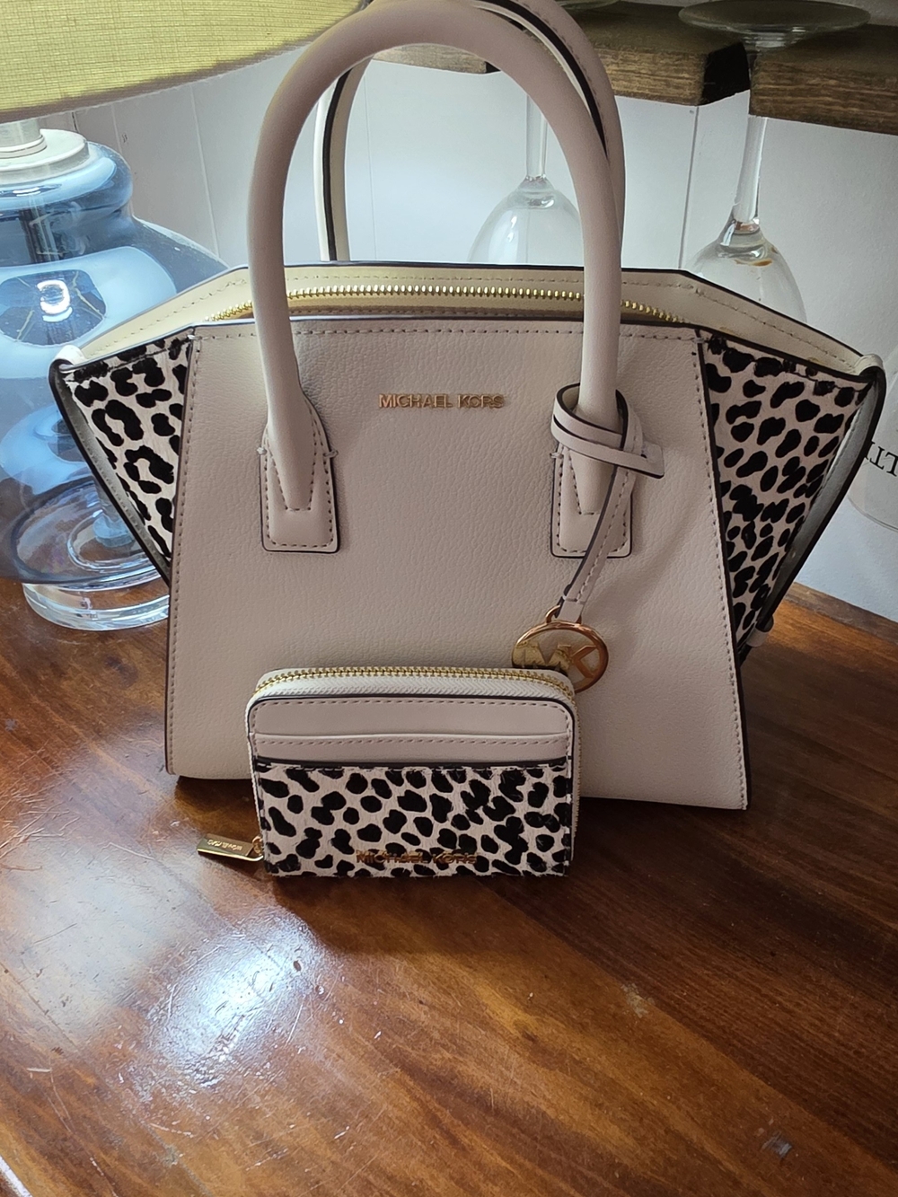 Michael Kors Avril Small Leather Satchel -Light Cream Multi And Matching Wallet
